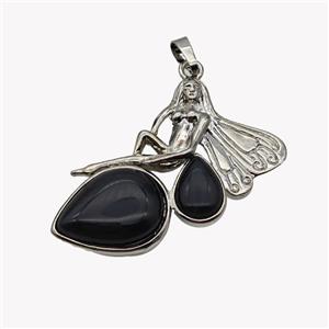 Alloy Fairy Pendant Pave Black Obsidian Platinum Plated, approx 35-40mm [GM23626]