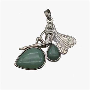 Alloy Fairy Pendant Pave Green Aventurine Platinum Plated, approx 35-40mm [GM23627]