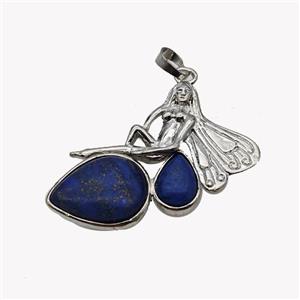 Alloy Fairy Pendant Pave Blue Lapis Lazuli Platinum Plated, approx 35-40mm [GM23629]