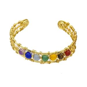 Copper Bangle With Chakra Gemstone Wire Wrapped Gold Plated, approx 13.5mm, 50-55mm dia [GM23774]