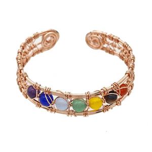 Copper Bangle With Chakra Gemstone Wire Wrapped Rose Gold, approx 13.5mm, 50-55mm dia [GM23775]