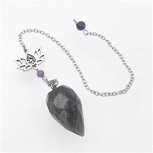 Labradorite Pendulum Pendant With Chain Lotus, approx 18-30mm, 13-20mm, 16cm length [GM23857]