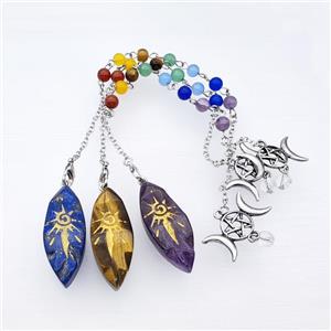 Mix Gemstone Sun Leaf Pendant With Chakra Chain David Star, approx 16-40mm, 14-27mm, 18cm length [GM23869]