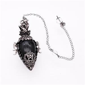 Black Obsidian Alloy Pendulum Pendant With Chain Antique Silver, approx 33-60mm, 8mm, 20cm length [GM23882]
