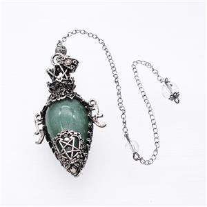 Green Aventurine Alloy Pendulum Pendant With Chain Antique Silver, approx 33-60mm, 8mm, 20cm length [GM23883]
