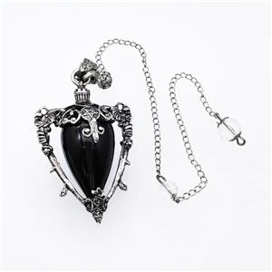 Black Obsidian Alloy Pendulum Pendant With Chain Antique Silver, approx 35-50mm, 8mm, 20cm length [GM23892]