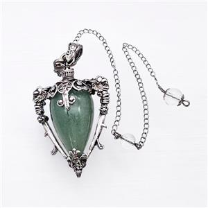 Green Aventurine Alloy Pendulum Pendant With Chain Antique Silver, approx 35-50mm, 8mm, 20cm length [GM23893]