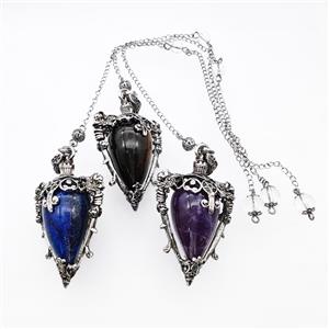 Gemstone Alloy Pendulum Pendant With Chain Antique Silver Mixed, approx 35-50mm, 8mm, 20cm length [GM23898]