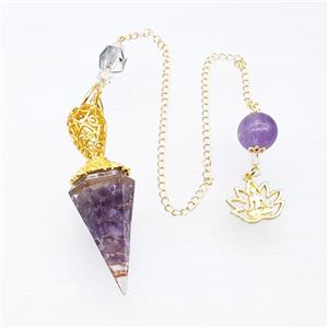 Purple Amethyst Chips Resin Pendulum Pendant With Chain Lotus Gold Plated, approx 18-55mm, 14-18mm, 12mm, 20cm length [GM23902]