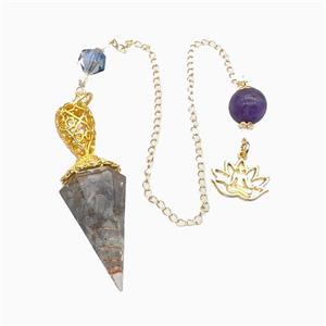 Labradorite Chips Resin Pendulum Pendant With Chain Lotus Gold Plated, approx 18-55mm, 14-18mm, 12mm, 20cm length [GM23903]