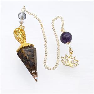 Tiger Eye Stone Chips Resin Pendulum Pendant With Chain Lotus Gold Plated, approx 18-55mm, 14-18mm, 12mm, 20cm length [GM23904]