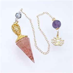 Rose Quartz Chips Resin Pendulum Pendant With Chain Lotus Gold Plated, approx 18-55mm, 14-18mm, 12mm, 20cm length [GM23906]