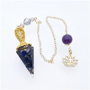 Blue Lapis Lazuli Chips Resin Pendulum Pendant With Chain Lotus Gold Plated, approx 18-55mm, 14-18mm, 12mm, 20cm length [GM23907]