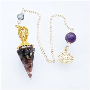 Multicolor Tourmaline Chips Resin Pendulum Pendant With Chain Lotus Gold Plated, approx 18-55mm, 14-18mm, 12mm, 20cm length [GM23908]