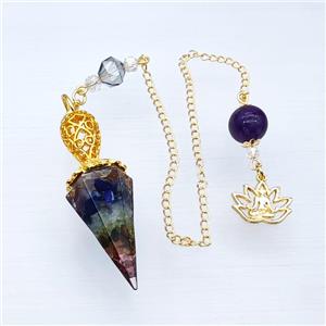 Gemstone Chakra Chips Resin Pendulum Pendant With Chain Lotus Gold Plated, approx 18-55mm, 14-18mm, 12mm, 20cm length [GM23909]