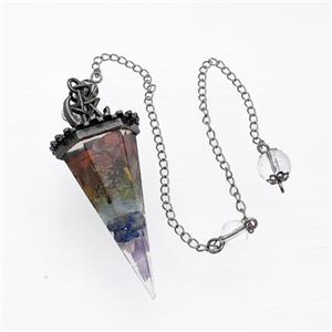 Gemstone Chakra Chips Resin Pendulum Pendant With Chain Antique Silver, approx 24-55mm, 8mm, 20cm length [GM23923]