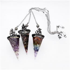 Gemstone Chips Resin Pendulum Pendant With Chain Antique Silver Mixed, approx 24-55mm, 8mm, 20cm length [GM23924]