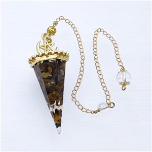Tiger Eye Stone Chips Resin Pendulum Pendant With Chain Gold Plated, approx 24-55mm, 8mm, 20cm length [GM23934]