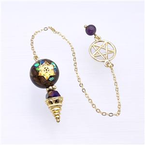Tiger Eye Stone Chips Acrylic Sphere Pendant With Chain Star Gold Plated, approx 16-35mm, 16mm, 16cm length [GM23948]