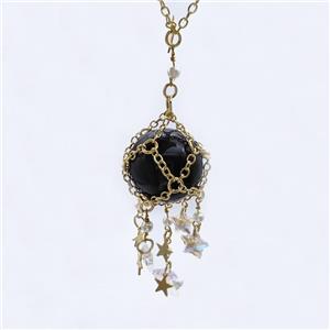 Black Obsidian Sphere Necklace Copper Chain Wrapped Gold Plated, approx 25mm, 8mm, 12mm, 19cm length [GM23962]