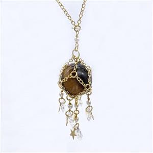 Tiger Eye Stone Sphere Necklace Copper Chain Wrapped Gold Plated, approx 25mm, 8mm, 12mm, 19cm length [GM23964]