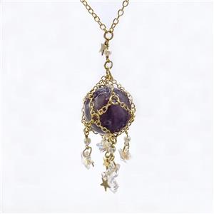 Purple Amethyst Sphere Necklace Copper Chain Wrapped Gold Plated, approx 25mm, 8mm, 12mm, 19cm length [GM23965]