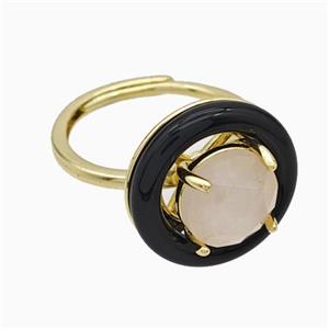 Copper Rings Pave Rose Quartz Black Enamel Adjustable Gold Plated, approx 10mm, 18mm, 18mm dia [GM24001]