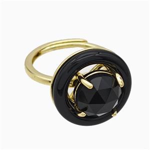 Copper Rings Pave Black Obsidian Black Enamel Adjustable Gold Plated, approx 10mm, 18mm, 18mm dia [GM24003]