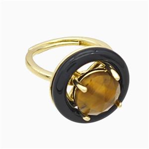 Copper Rings Pave Tiger Eye Stone Black Enamel Adjustable Gold Plated, approx 10mm, 18mm, 18mm dia [GM24005]