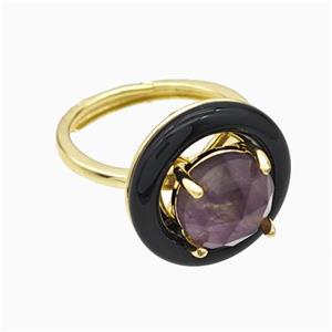 Copper Rings Pave Amethyst Black Enamel Adjustable Gold Plated, approx 10mm, 18mm, 18mm dia [GM24007]