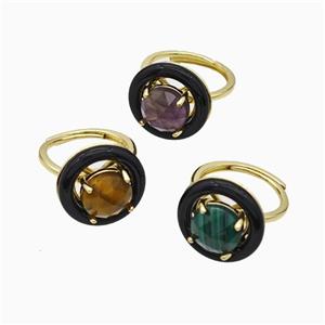 Copper Rings Pave Gemstoner Black Enamel Adjustable Gold Plated Mixed, approx 10mm, 18mm, 18mm dia [GM24008]