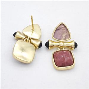 Copper Stud Earrings Pave Gemstone Triangel Square Gold Plated, approx 10mm,11mm, 25mm [GM24009]