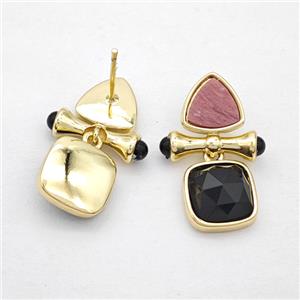 Copper Stud Earrings Pave Gemstone Triangel Square Gold Plated, approx 10mm,11mm, 25mm [GM24011]