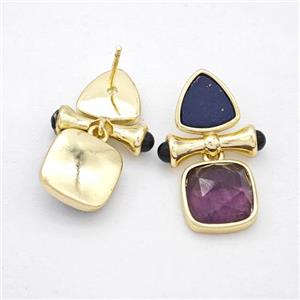 Copper Stud Earrings Pave Gemstone Triangel Square Gold Plated, approx 10mm,11mm, 25mm [GM24012]