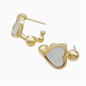 Copper Heart Stud Earrings Pave White Shell Gold Plated, approx 12mm, 14mm dia [GM24013]