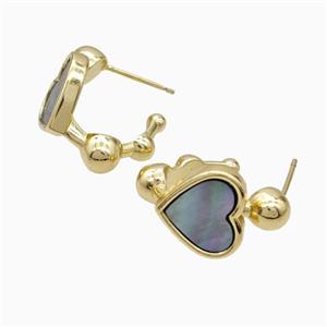 Copper Heart Stud Earrings Pave Gray Shell Gold Plated, approx 12mm, 14mm dia [GM24014]