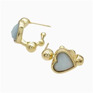 Copper Heart Stud Earrings Pave Blue Amazonite Gold Plated, approx 12mm, 14mm dia [GM24019]