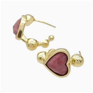 Copper Heart Stud Earrings Pave Wood Lace Jasper Gold Plated, approx 12mm, 14mm dia [GM24022]