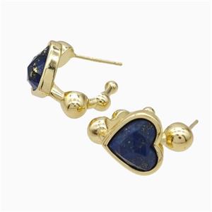 Copper Heart Stud Earrings Pave Lapis Lazuli Gold Plated, approx 12mm, 14mm dia [GM24024]