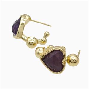 Copper Heart Stud Earrings Pave Purple Amethyst Gold Plated, approx 12mm, 14mm dia [GM24026]