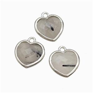 Natural Black Rutilated Quartz Heart Pendant Faceted Platinum Plated, approx 10mm [GM24103]