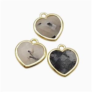 Natural Black Rutilated Quartz Heart Pendant Faceted Gold Plated, approx 10mm [GM24117]