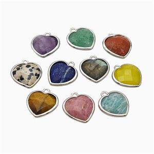 Natural Gemstone Heart Pendant Faceted Platinum Plated Mixed, approx 12mm [GM24148]