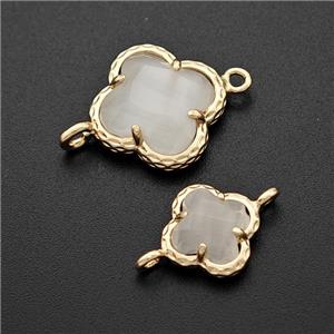 White Cats Eye Glass Clover Connector Gold Plated, approx 14mm [GM24180-14MM]