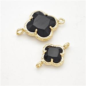 Black Cats Eye Glass Clover Connector Gold Plated, approx 10mm [GM24181-10MM]