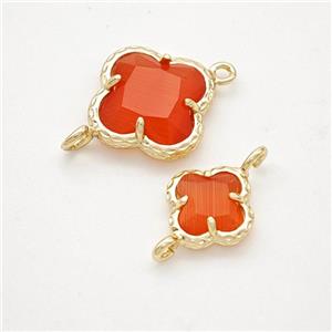 Red Cats Eye Glass Clover Connector Gold Plated, approx 14mm [GM24183-14MM]