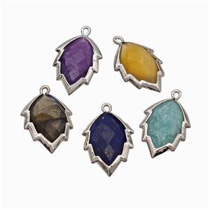 Natural Gemstone Leaf Pendant Platinum Plated Mixed, approx 14-20mm [GM24232]