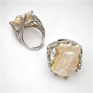 Copper Ring Pave Pearl Adjustable Platinum Plated, approx 20-25mm, 18mm dia [GM24256]