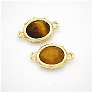 Natural Tiger Eye Stone Oval Connector Gold Plated, approx 10-12mm [GM24295]