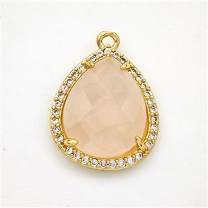 Natural Pink Rose Quartz Teardrop Pendant Copper Pave Zirconia Gold Plated, approx 15-18mm [GM24353]